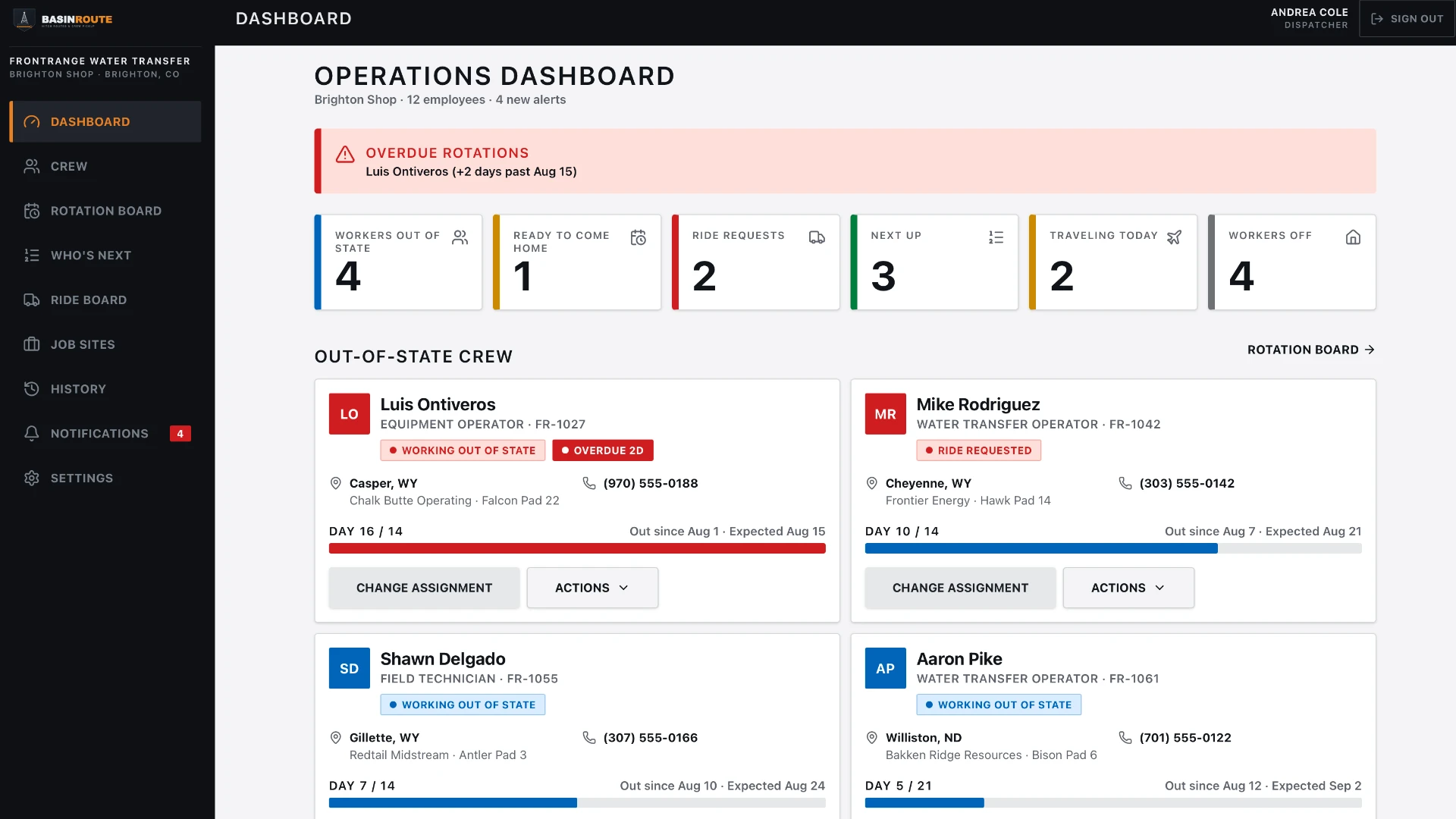 BasinRoute operations dashboard showing crew rotation status, ride requests and out-of-state crew cards