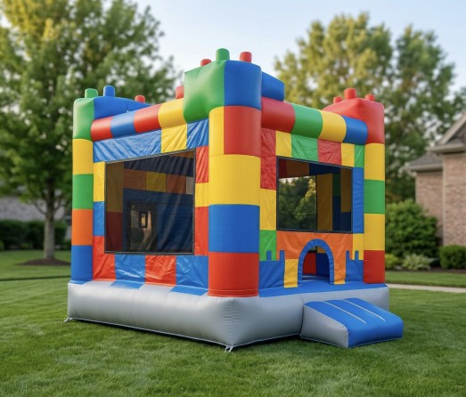 Colorful block-built inflatable bounce castle with mesh windows on a lawn